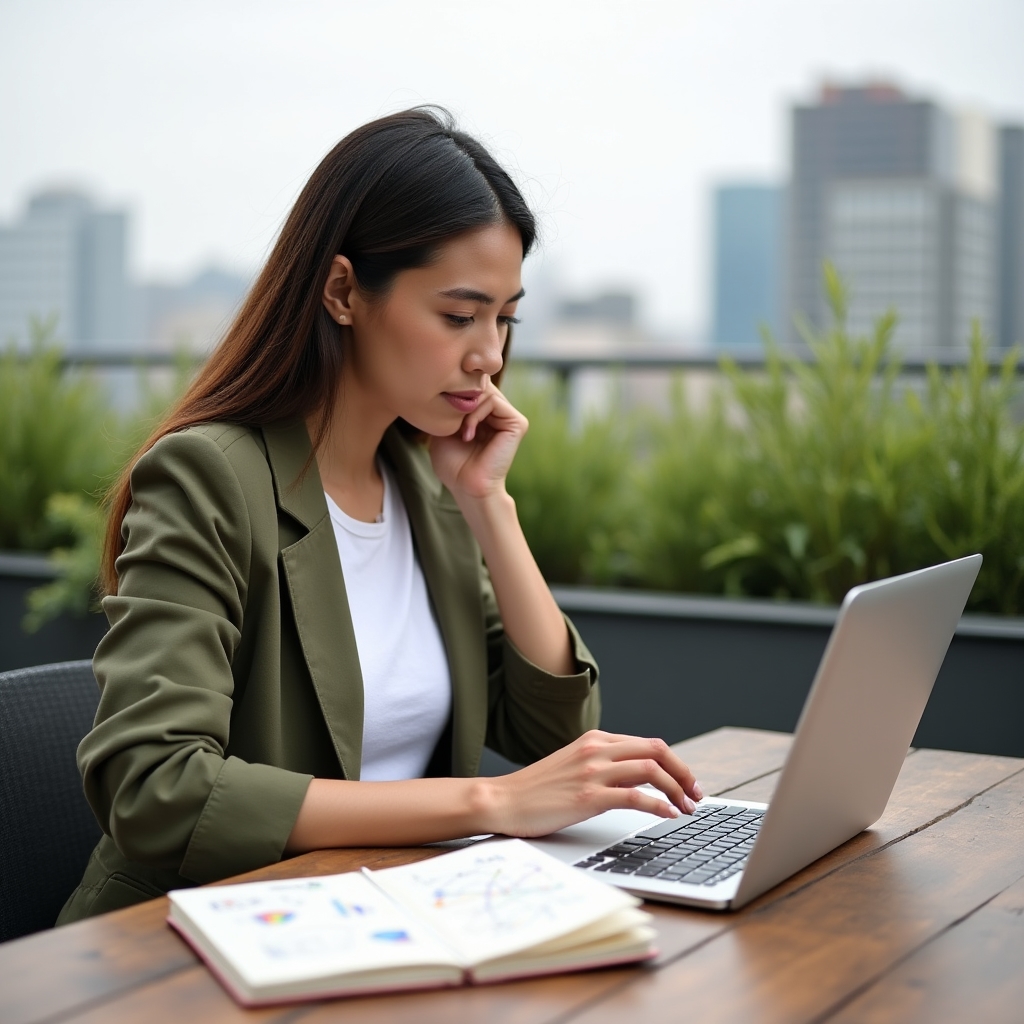 Wissensarbeiterin richtet ihr digitales Notizsystem auf einer Dachterrasse ein
