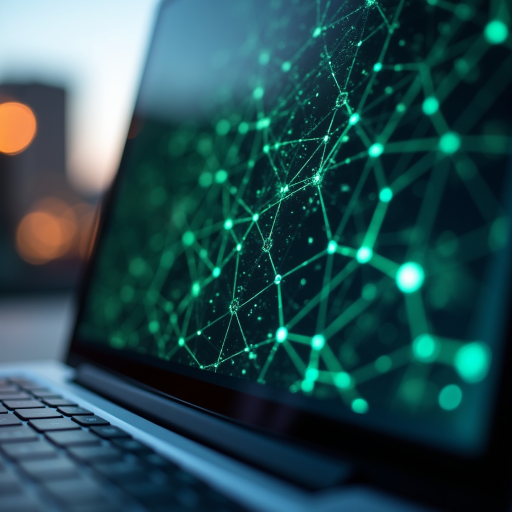 Nahaufnahme eines digitalen Wissensnetzwerks mit verknüpften Notizknoten